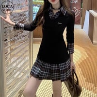 フェイクレイヤード ワンピース 刺繍ロゴ ミニワンピース プリーツ ケーブルニット チェック柄 スリムフィット Aライン 長袖 レトロ 大人可愛い ガーリー DTCA-974361362556