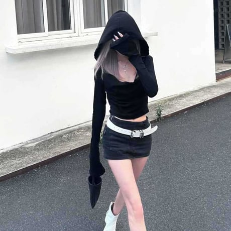 フーディー カットオフ クロップド丈 薄手 パーカー ロンT トップス カットソー スリムフィット 長袖 レトロ 大人可愛い ガーリー カジュアル DTCA-863079563264