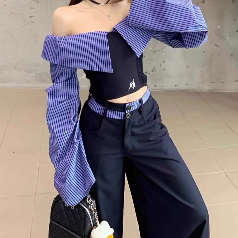 セットアップ 上下セット ストライプ柄 トップス ワイドパンツ 2way V