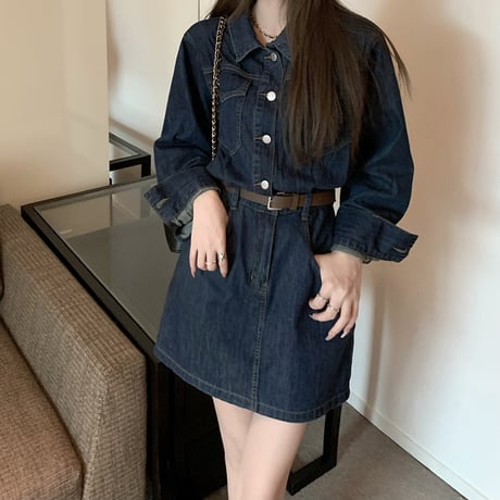 デニム ワンピース 襟付き ハイウエスト ショート丈 長袖 レトロ 韓国ファッション レディース 大人可愛い ガーリー フェミニン DTC-668109841308