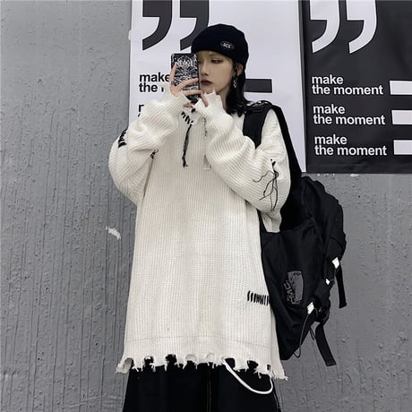 ユニセックス ダメージ加工 ニット ドロップショルダー セーター オーバーサイズ 韓国ファッション メンズ レディース ビター系 ストリート系ファッション DTC-630242686847