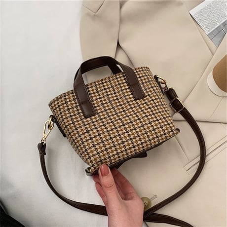2WAY ハンドバッグ ショルダーバッグ ミニバッグ 千鳥格子 リボン チェック柄 バッグ 鞄 レトロ ホワイト ブラック ブラウン DTC-631010281178