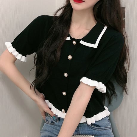 シャツ フリル バイカラー 半袖 薄手 サマーニット カーディガン 韓国ファッション レディース ブラウス トップス シングルブレスト 大人可愛い ガーリー DTC-640476092483