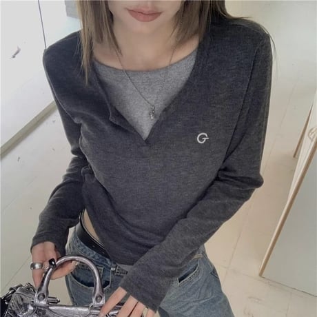 フェイクレイヤード トップス キーネック Tシャツ ロンＴ ロゴ 重ね着風 プルオーバー スリムフィット フェイクツーピース 長袖 大人可愛い ガーリー カジュアル DTCA-758755751432
