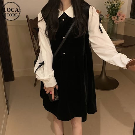 ドッキングワンピース ブラウス 袖リボン ワンピース フェイクレイヤード ベルベット ポロカラー 長袖 ゆったり 韓国ファッション レディース 大人可愛い ガーリー DTC-666563197589