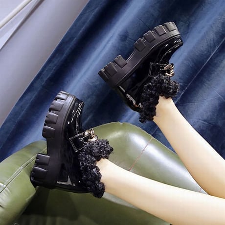 厚底 ファーシューズ 22.0～24.5cm ファーローファー ローファー チェーンデザイン インヒール 歩きやすい 疲れない 大人可愛い ガーリー DTC-659154706888