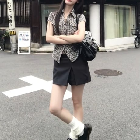 チェック柄 ブラウス シャツ クロップド丈 ショート丈 スリムフィット スリムブラウス 半袖 レトロ 大人可愛い ガーリー カジュアル DTCA-948264012358