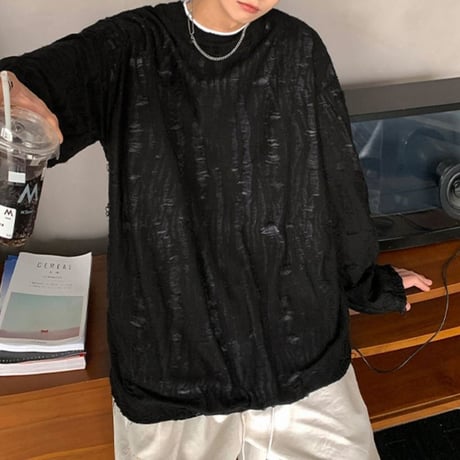 【3カラー】 ユニセックス ダメージ加工 Tシャツ 長袖 オーバーサイズ トップス 韓国ファッション メンズ レディース カジュアル 韓国ストリートファッション DTC-695763372099