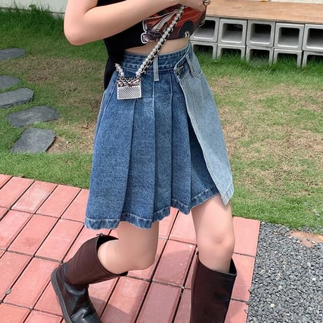 デニムスカート プリーツスカート デニムプリーツ 切り替え アシンメトリー ミニスカート レトロ 韓国ファッション レディース カジュアル 大人可愛い ガーリー DTCA-920553102987