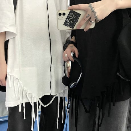 ユニセックス tシャツ フェイクレイヤード フリンジ 半袖 無地 オーバーサイズ メンズ レディース 大きめ カジュアル ストリート ファッション DTC-639677393958