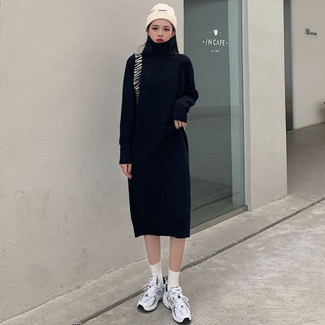 ニットワンピース タートルネック 長袖 韓国ファッション レディース ニット ワンピース ハイネック ルーズウエスト ルーズ 秋冬 ゆったり 大人可愛い ガーリー DTC-631354673655