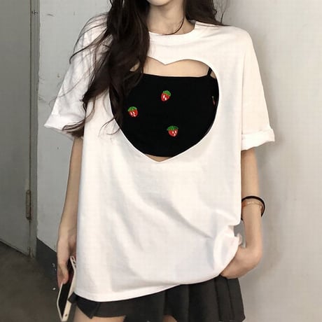セット商品 ハートカット Tシャツ 半袖 キャミソール いちご柄 ゆったり ルーズ 韓国ファッション レディース 大人可愛い ガーリー カジュアル DTC-678925875076