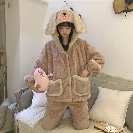 【ルームウェア】 フード付き パジャマ セットアップ トップス + パンツ ラビット フリース ウサギ 長袖 上下セット 長袖 韓国ファッション レディース ガーリー 627124813627