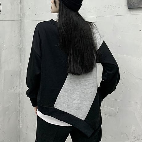 不規則デザイン トレーナー バイカラー プルオーバー 長袖 韓国ファッション レディース 大人可愛い ガーリー カジュアル ストリートファッション DTC-653546613861