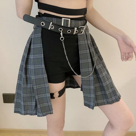 3点セット セットアイテム チェック柄スカート ショートパンツ ベルト プリーツ ハイウエスト Aライン レトロ 韓国ファッション レディース 大人可愛い ガーリー DTC-594995404780