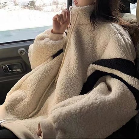 ボアブルゾン ボアジャケット 袖ライン アウター フェイクラムウール もこもこ オーバーサイズ 防寒 ゆったり ルーズ 長袖 冬 レトロ 大人可愛い ガーリー DTCA-681598096572