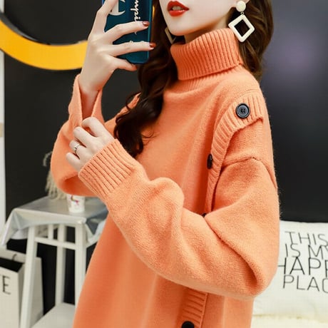 ボタンデザイン ニット セーター ハイネック 厚手 オーバーサイズ 韓国ファッション レディース トップス プルオーバー ルーズ 長袖 大人可愛い ガーリー DTC-610331885707