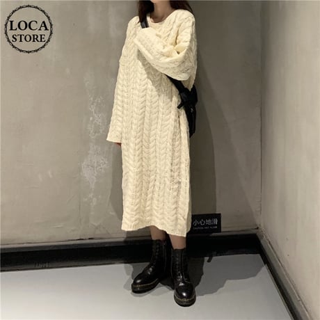 ニットワンピース ケーブル編み 韓国ファッション レディース ラウンドネック ルーズニット 長袖 春 秋 冬 大人カジュアル 韓国 (DTC-605142020234)