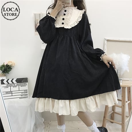 ワンピース ロリータ風ワンピース ロリータ ゴシック フリル ハイウエスト 伸縮性ウエスト 長袖 レトロ ガーリー フェミニン DTC-600749332516