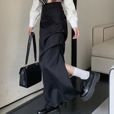 ロングスカート スリット ギャザー ハイウエスト スリム Aライン スカート レトロ 韓国ファッション レディース 大人可愛い ガーリー DTC-704946881913