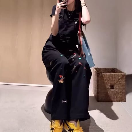デニム サロペットパンツ オーバーオール 刺繍入り オールインワン ハイウエスト ルーズ レトロ 大人可愛い ガーリー カジュアル DTCA-923017340796