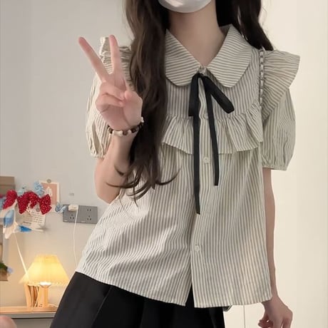 ストライプ柄 ブラウス ヨークフリル シャツ リボン パフスリーブ トップス かわいい 半袖 ルーズ レトロ 大人可愛い ガーリー フェミニン DTCA-898551864662