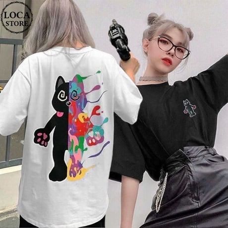 【2カラー】 ユニセックス Tシャツ 半袖 ネコ CAT プリント オーバーサイズ カジュアル 韓国ファッション メンズ レディース 韓国ストリートファッション DTC-641440563092
