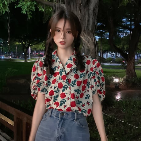 花柄 シャツ パフスリーブ 半袖 薔薇 開き襟 ルーズ レトロ 韓国ファッション レディース 大人可愛い ガーリー フェミニン DTC-647937909050