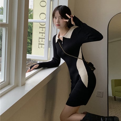 襟付き ニットワンピース ハーフジップ スリム ショート丈 長袖 薄手 ハイウエスト レトロ 韓国ファッション レディース  大人可愛い ガーリー DTC-656115004608