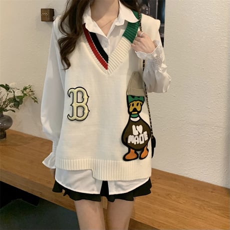ニットベスト Vネック 不規則デザイン マガモ マルチカラー ルーズ シンプル レトロ 韓国ファッション レディース ガーリー カジュアル DTC-666231453890