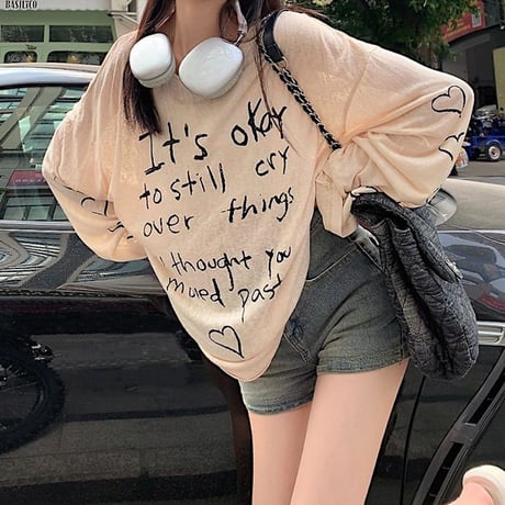 シアー Tシャツ 薄手 袖プリント ルーズ ゆったり 長袖 レトロ 韓国ファッション レディース 大人可愛い ガーリー カジュアル DTC-722267209615