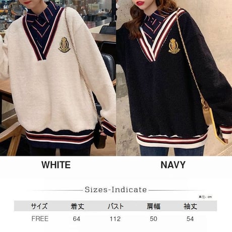 【2カラー】 レイヤード風 シャツ付 ニット セーター 韓国ファッション レディース 刺繍 ステッチ Vネック 長袖 DTC-606238213626