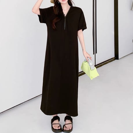 ワンピース ハーフジップ 半袖 体型カバー Aライン Vネック ゆったりウエスト ロングワンピース レトロ 大人可愛い ガーリー DTCA-902129086791