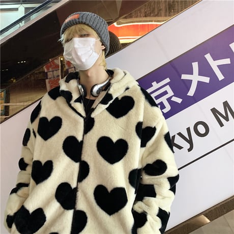 ユニセックス ハート柄 ボアジャケット ボアパーカー ファー ラムウール 韓国ファッション メンズ レディース 男女兼用 ゆったり アウター 大人可愛い DTC-634631995226