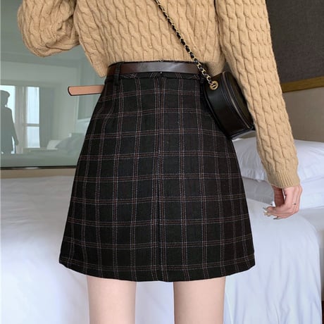 ベルト付き チェック柄 ウール混 Aラインスカート 韓国ファッション レディース 台形スカート スカート ミニスカート ハイウエスト 大人可愛い ガーリー DTC-628370824527
