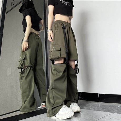 2WAY カーゴパンツ ワイドパンツ バックルベルト ストラップ ミリタリーパンツ アシンメトリー ウエストゴム 韓国ファッション レディース カジュアル DTC-656242658198_2