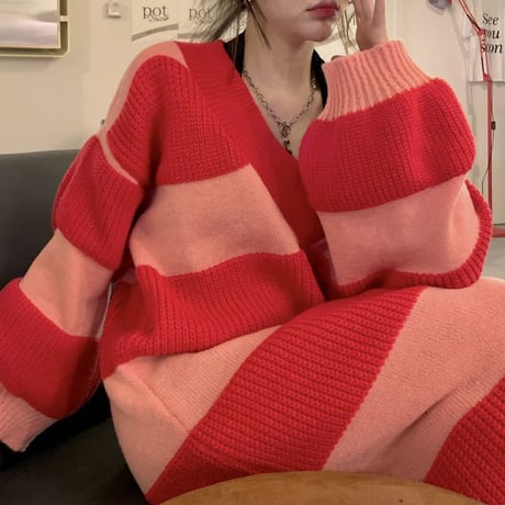 ボーダー柄 ニットワンピース Vネック オフショルダー ロング丈 長袖 ルーズウエスト レトロ 韓国ファッション レディース カジュアル 大人可愛い ガーリー DTC-663068830182