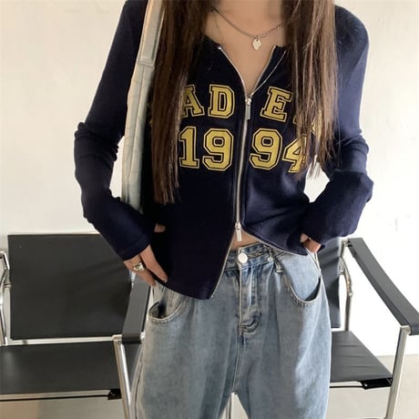 【2カラー】 トップス ジップアップ ショート丈 スリム 古着風 長袖 レトロ 韓国ファッション レディース 大人可愛い ガーリー カジュアル DTC-652255998537