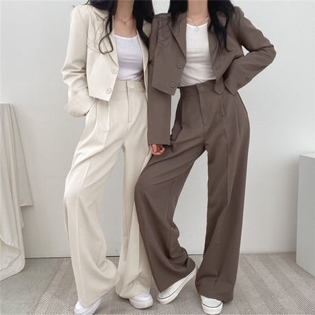セットアップ 2点セット ショートジャケット ワイドパンツ ショート丈 テーラードジャケット タックパンツ パンツスーツ 長袖 レトロ 大人可愛い DTCA-740940979194