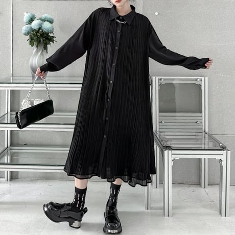 プリーツ シャツワンピース 襟付き ロングワンピース シャツワンピ プリーツワンピース 体型カバー ビッグシャツ ルーズ 長袖 レトロ 大人可愛い ガーリー DTCA-828552000879
