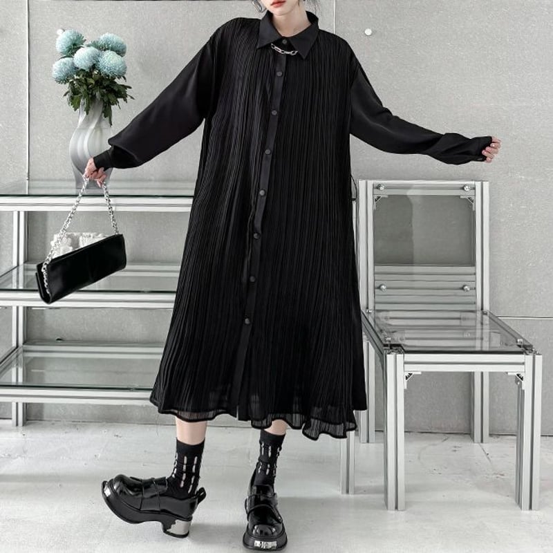 プリーツ シャツワンピース 襟付き ロングワンピース シャツ