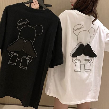 Tシャツ 半袖 スパンコール 羽 エンジェルくまちゃん シンプル ガーリー フェミニン カジュアル 韓国ファッション レディース 韓国ストリートファッション DTC-639357224388
