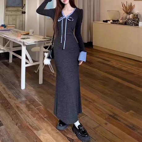 ニットワンピース リボン Vネック チェック柄 切替え ロングワンピース スリムフィット 長袖 レトロ 大人可愛い ガーリー DTCA-862268177145