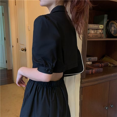 シャツワンピース 背中開き 背中見せ 半袖 韓国ファッション レディース ワンピース バブルスリーブ パフ袖 Aライン ハイウエスト 春 夏 ガーリー DTC-619328597338