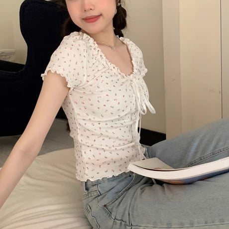 小花柄 ブラウス フリル リボン Tシャツ トップス ショート丈 スリムフィット レースアップ 半袖 レトロ 大人可愛い ガーリー カジュアル フェミニン DTCA-805742781968