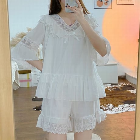 セットアップ ルームウェア パジャマ レース リボン Vネック 上下セット トップス パンツ 半袖 部屋着 韓国ファッション レディース 大人可愛い ガーリー DTC-673383905175