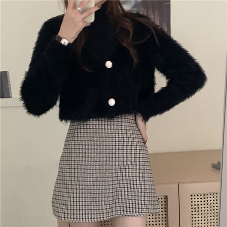 クロップド丈 ニットカーディガン シングルブレスト シャギー風 Vネック 薄手 長袖 ショート丈 レトロ 韓国ファッション レディース 大人可愛い ガーリー DTC-628749209744
