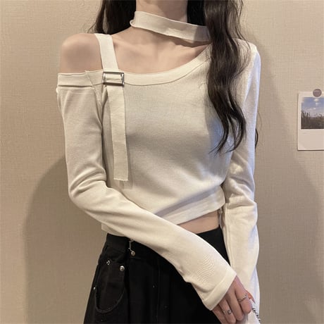 ワンショルダー tシャツ ニット トップス カットソー オフショルダー 肩だし 肩見せ 肩開き 長袖 レトロ 韓国ファッション レディース 大人可愛い ガーリー DTC-652525181958