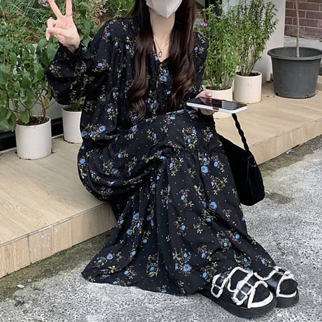花柄 ワンピース プリーツ ハイウエスト Vネック ロングワンピース ルーズ ルーズウエスト 長袖 レトロ 韓国ファッション レディース 大人可愛い ガーリー DTC-684773234426