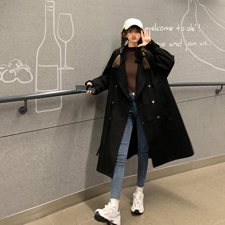 トレンチコート ベルト付き ダブルブレスト 韓国ファッション レディース コート カジュアル 長袖 ゆったり 大人可愛い ガーリー DTC-625697371460
